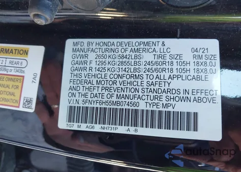 2021 Honda Pilot Awd Ex-L from USA, damaged, VIN 5FNYF6H55MB074560